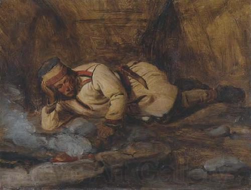 Francois Auguste Biard A Laplander asleep by a fire Norge oil painting art